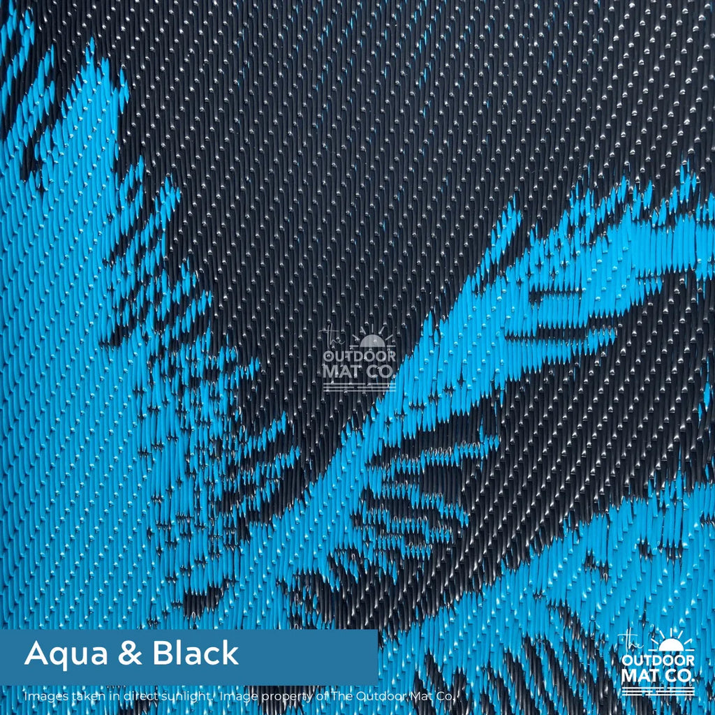 Aqua and black recycled outdoor mat with textured pattern, ideal for beach, camping, picnics, and caravans.