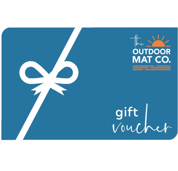 The Outdoor Mat Co. gift voucher with blue background and white ribbon design