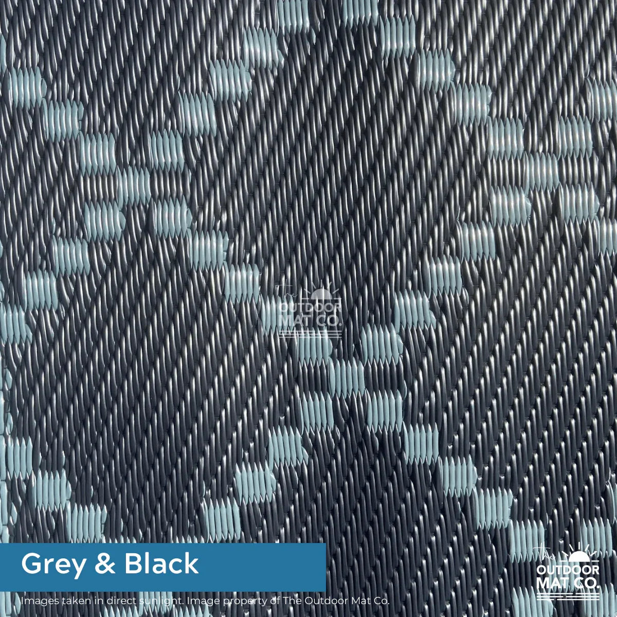 Grey & black woven recycled outdoor mat for beach, camping, picnics, and caravans