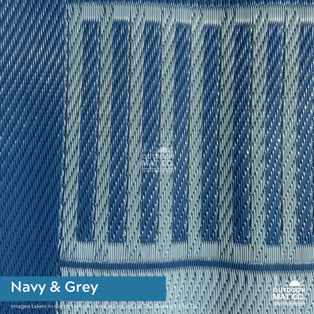 Navy & grey woven outdoor mat, durable recycled plastic for beach, camping, picnics