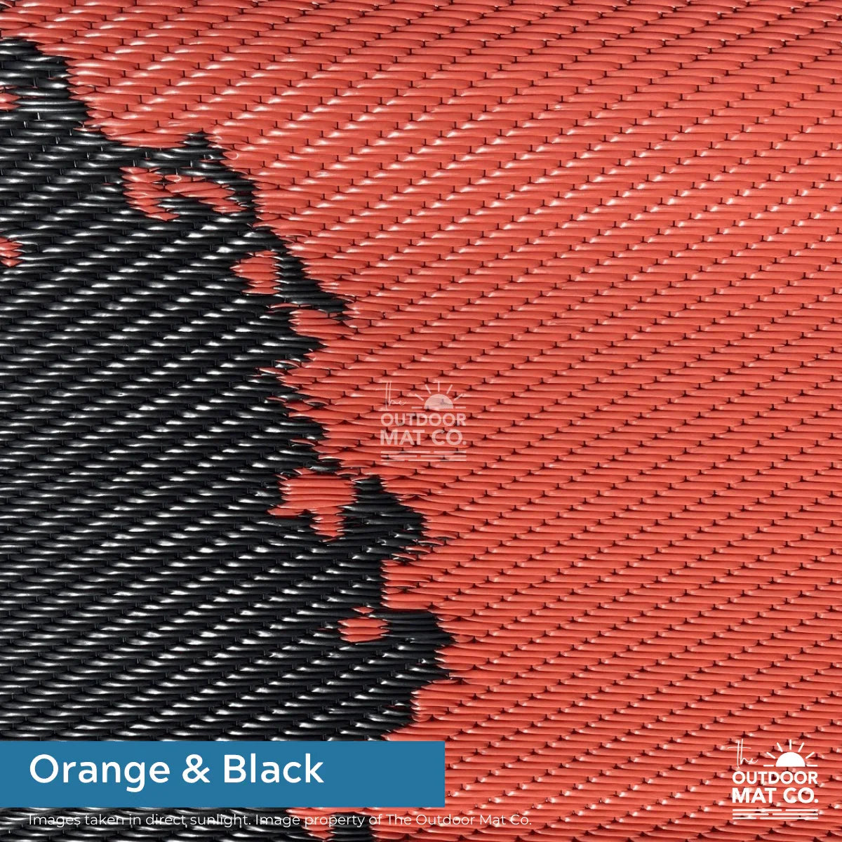 Orange and black recycled outdoor mat with textured weave, ideal for camping, beach, or picnics
