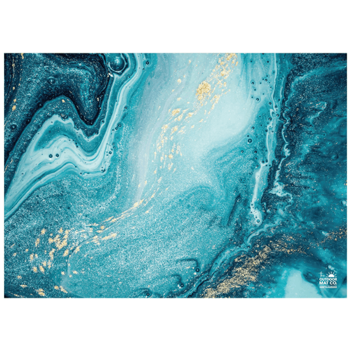 Eco-friendly outdoor mat with teal and gold marble design, perfect for beach, camping, or picnics.