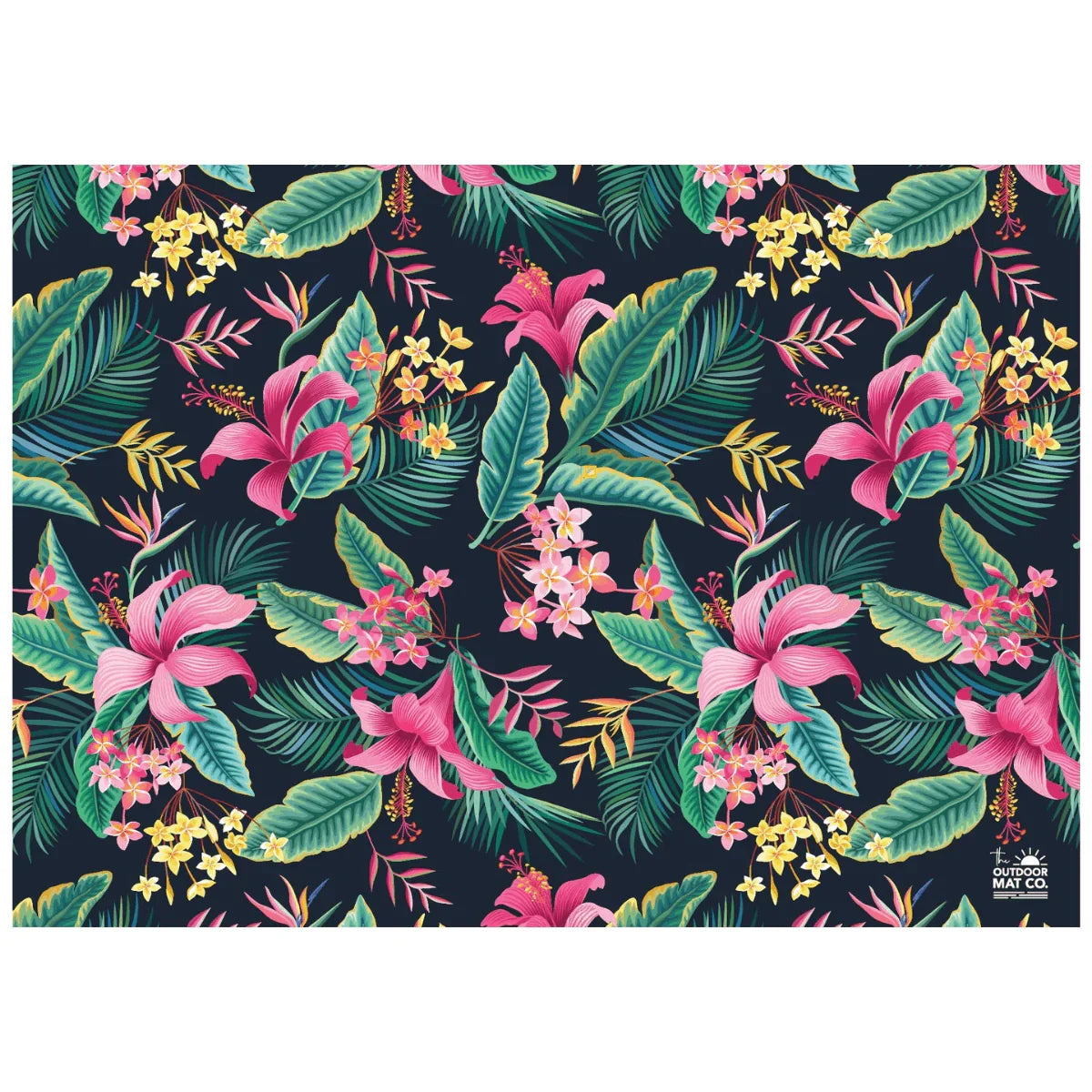 Tropical floral outdoor mat with pink hibiscus, green leaves, and yellow blooms on dark background