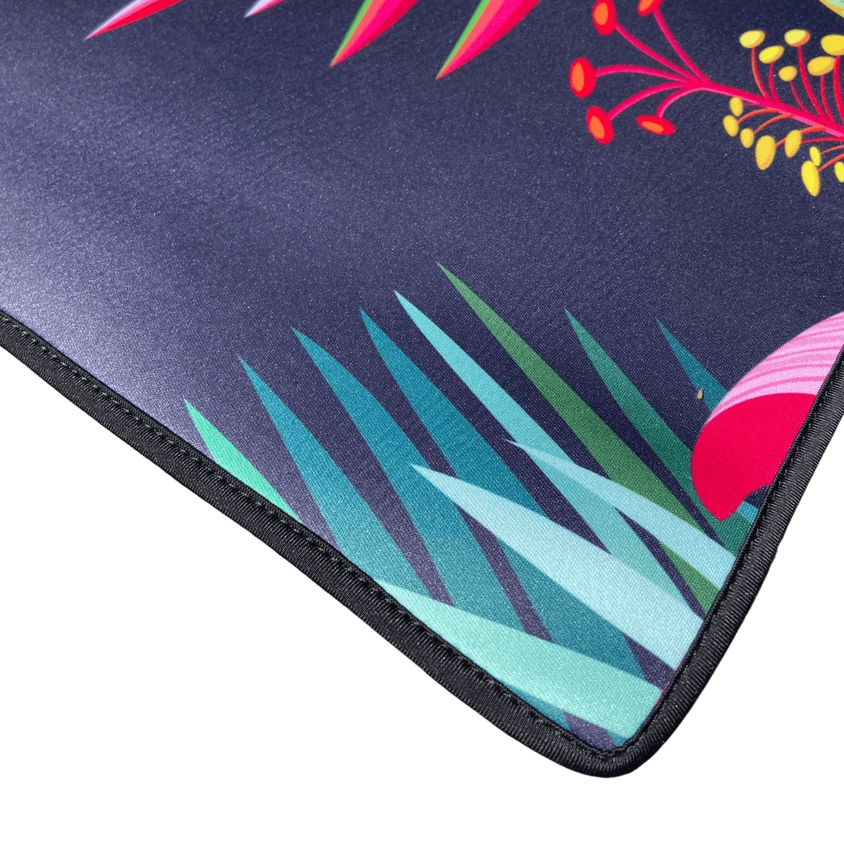 Vibrant tropical print outdoor mat with recycled material, ideal for beach, camping, picnics, and caravans.