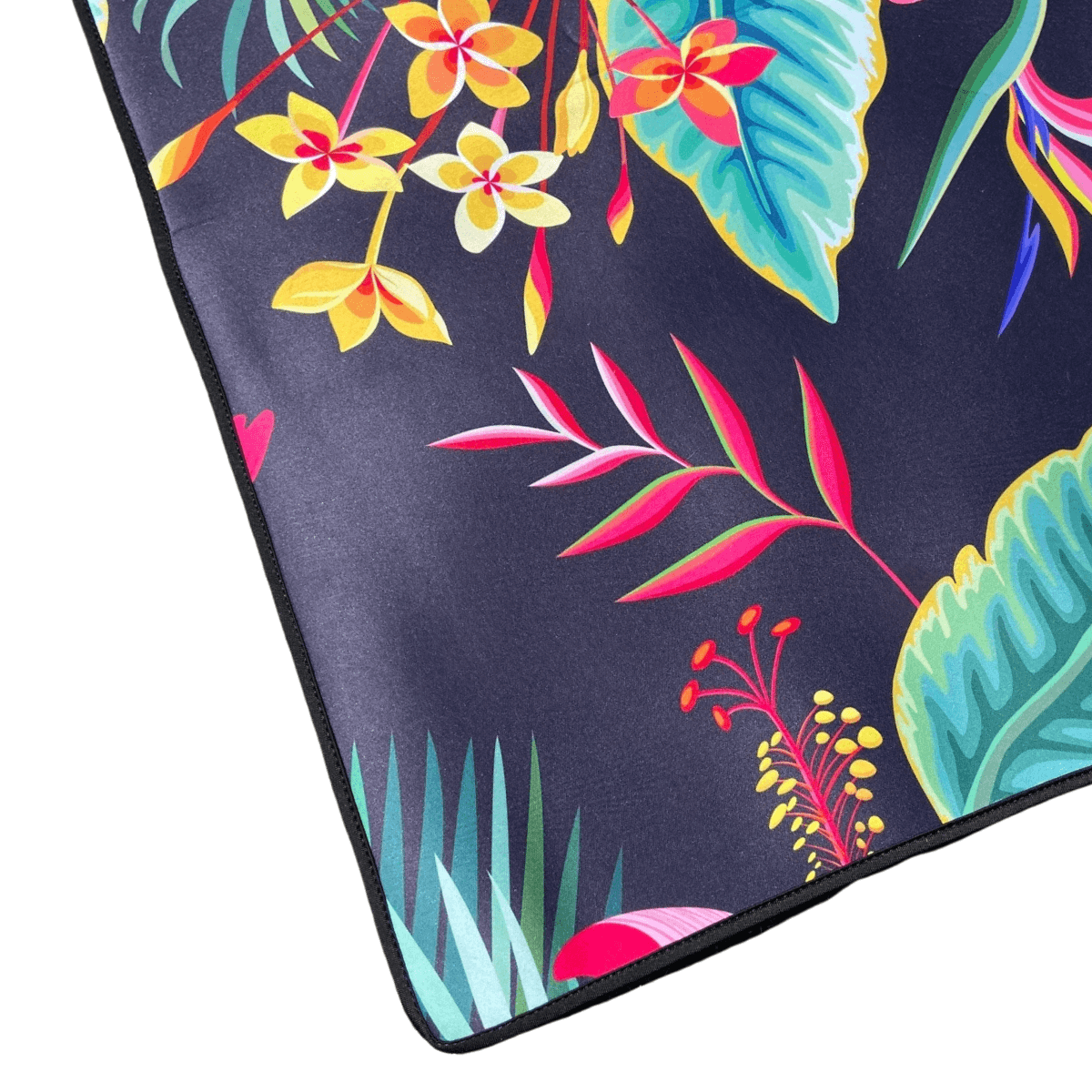 Tropical floral outdoor mat with vibrant leaves and flowers, perfect for beach, picnic, or camping use.