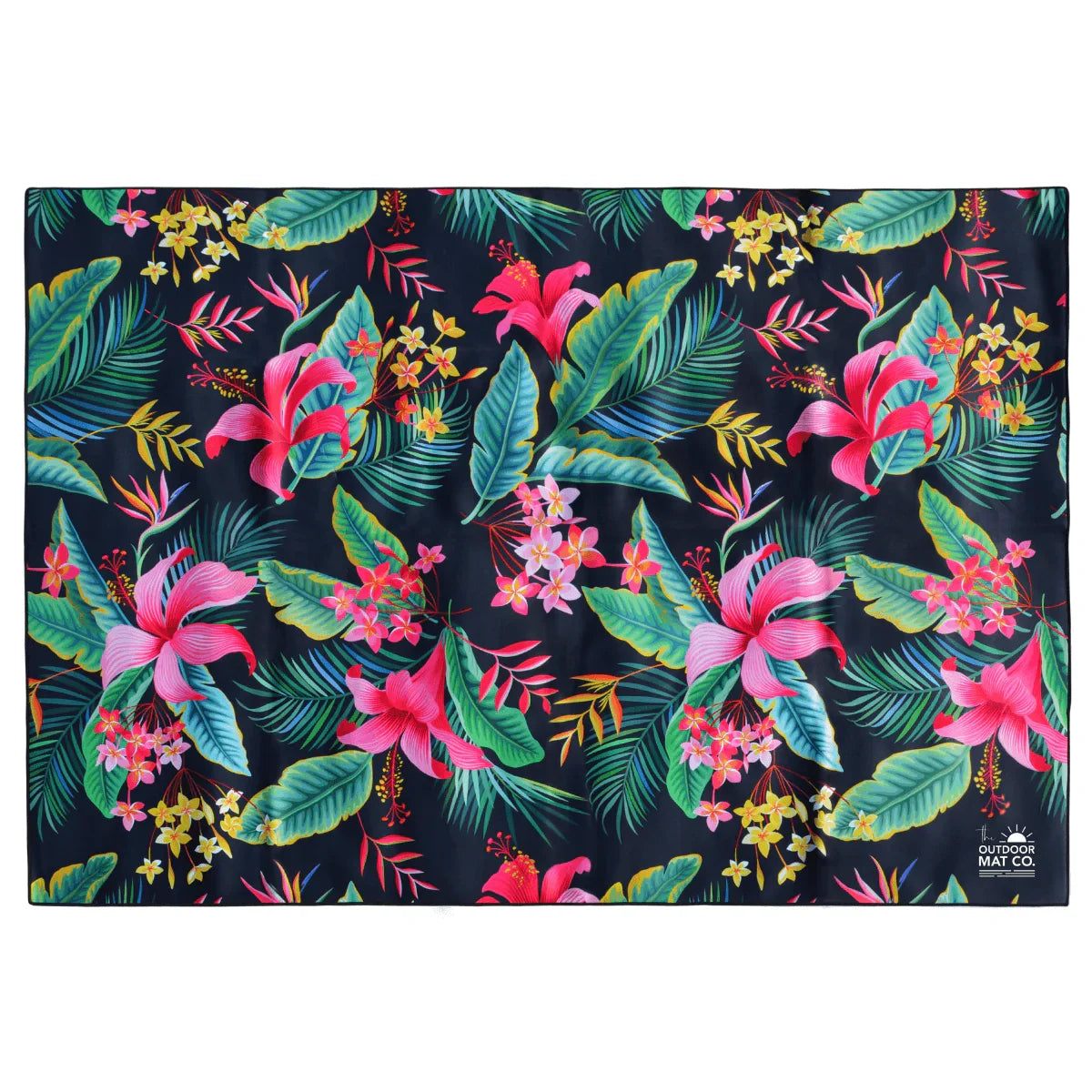 Tropical floral outdoor mat with pink hibiscus & green leaves, perfect for beach, camping, picnics