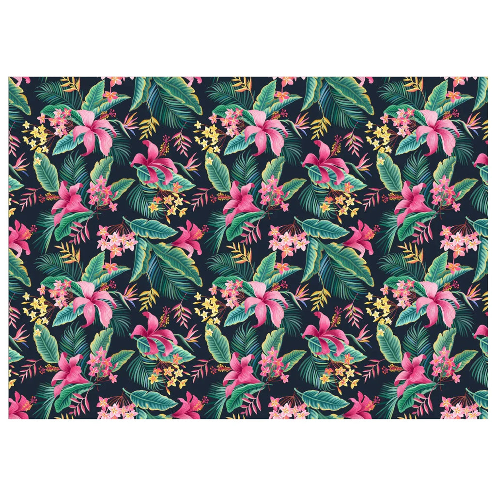 Tropical floral outdoor mat with pink hibiscus & green leaves on dark background, eco-friendly for beach or camping