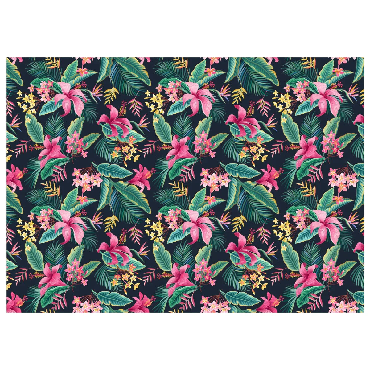 Tropical floral outdoor mat with pink hibiscus & green leaves on dark background, eco-friendly for beach or camping