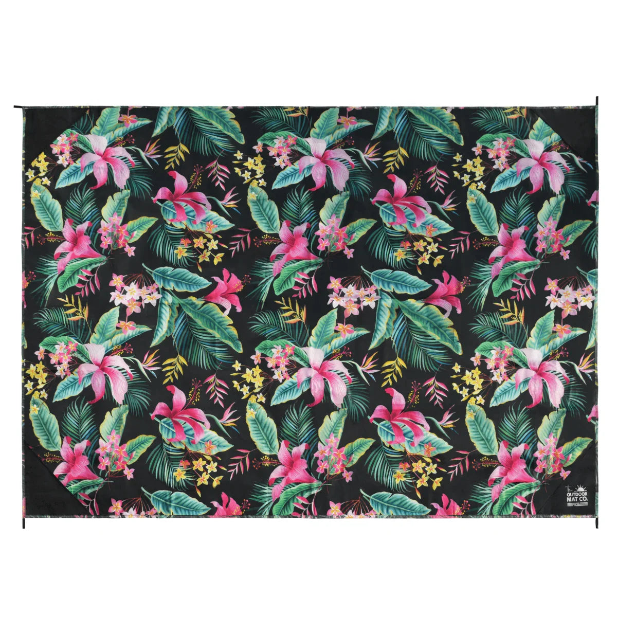Tropical floral outdoor mat with pink hibiscus & green leaves on black, perfect for beach, picnic, camping