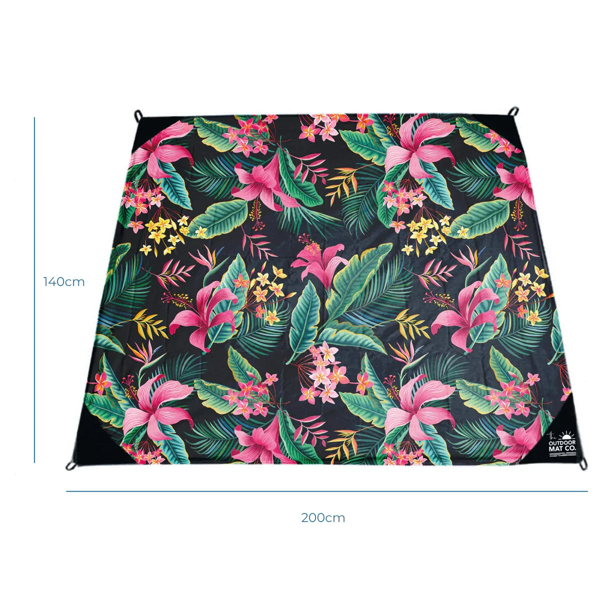Tropical floral outdoor mat, 200x140cm, recycled, sand & grass-friendly for beach, camping, picnics