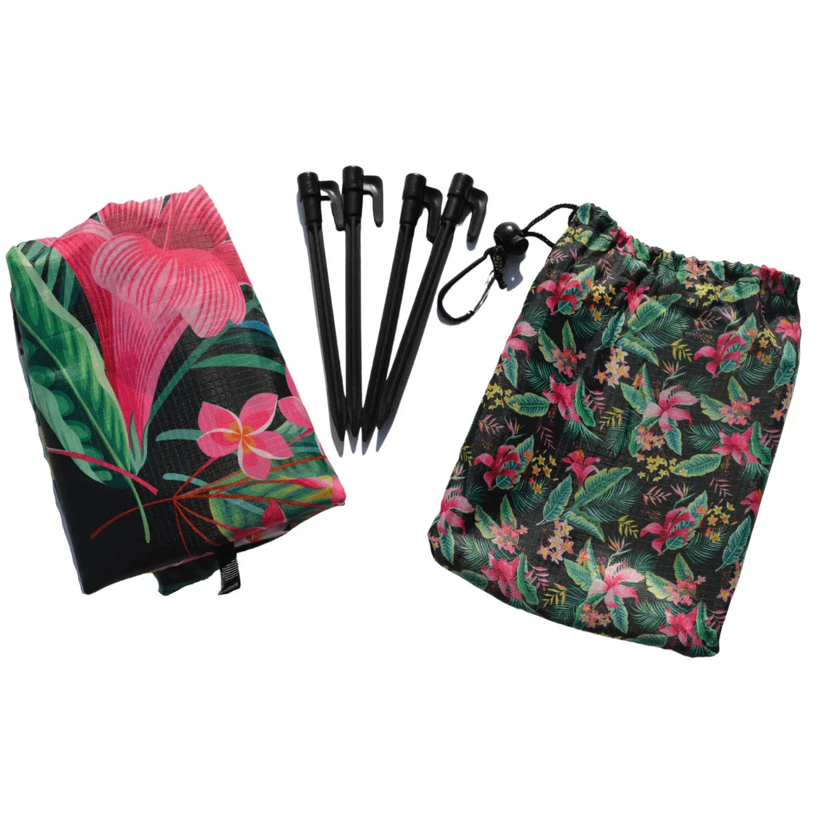 Tropical floral outdoor mat with stakes and carry bag for beach or camping