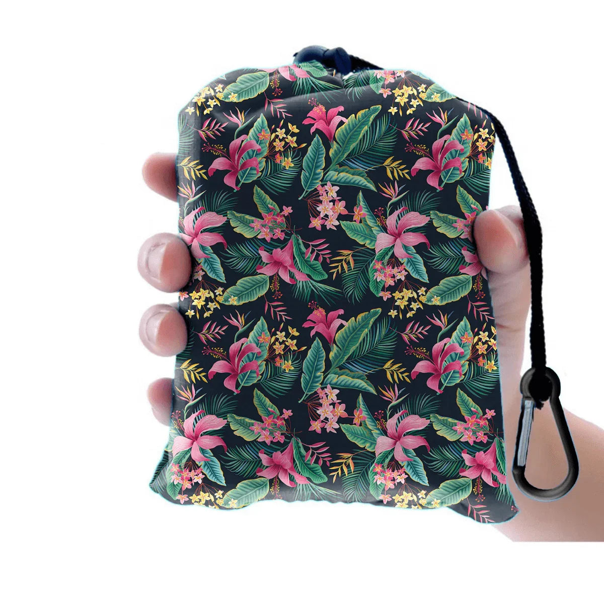 Tropical floral outdoor mat in compact carry pouch with carabiner, perfect for beach, camping, picnics